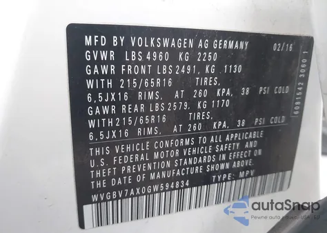 2016 Volkswagen Tiguan S from USA, damaged, VIN WVGBV7AX0GW594834